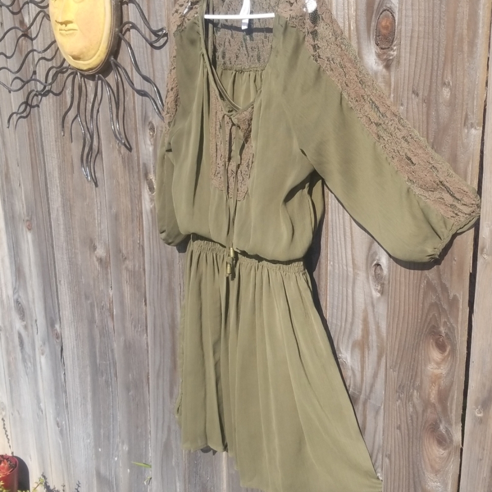 Olive Green Lace and Sheer Dress